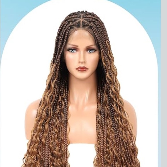 Boho Box Braid Wig with Curly Ends – Ombre Brown synthetic 24 inch lace front - Picture 2 of 3